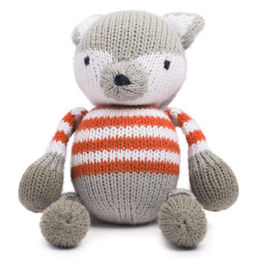 Knit doll rattle buddy Finley the Fox, perfect for baby's playtime and sensory development.