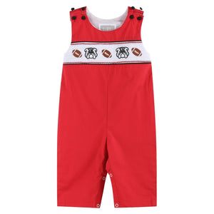 Red and Black Bulldog and Football Smocked Overalls