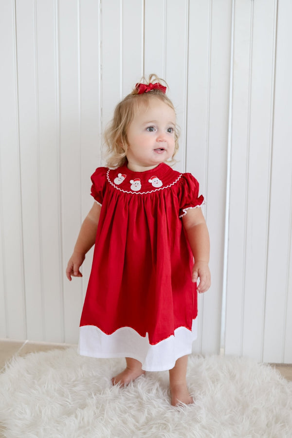 Red and White Santa Smocked Bishop Dress