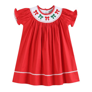 Red Christmas Bows Smocked Bishop Dress