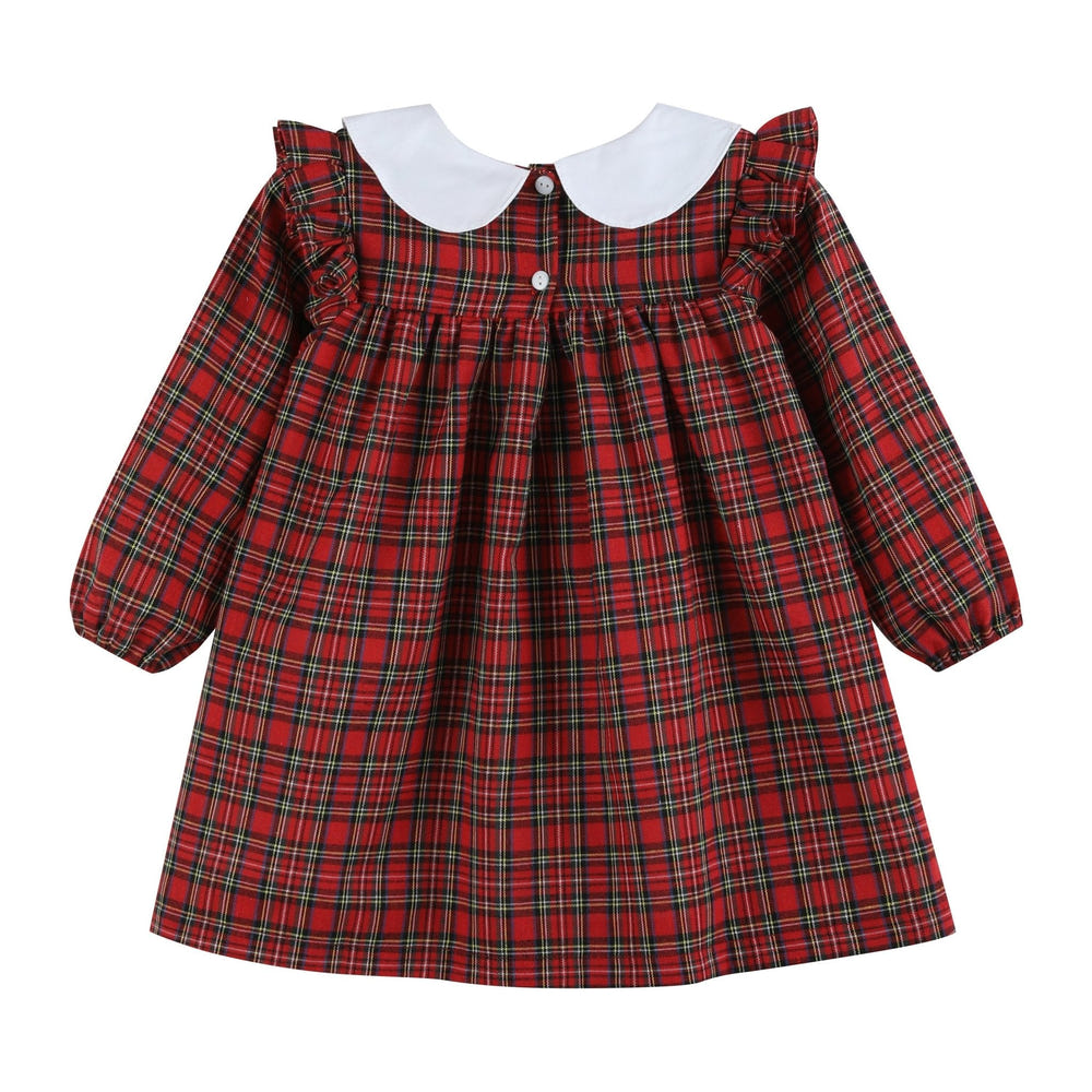 Red Christmas plaid collared ruffle dress for babies, perfect for holiday celebrations and festive occasions.