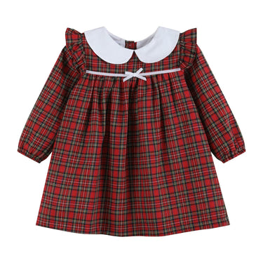 Red Christmas plaid collared ruffle dress for babies, perfect for holiday celebrations and festive occasions.