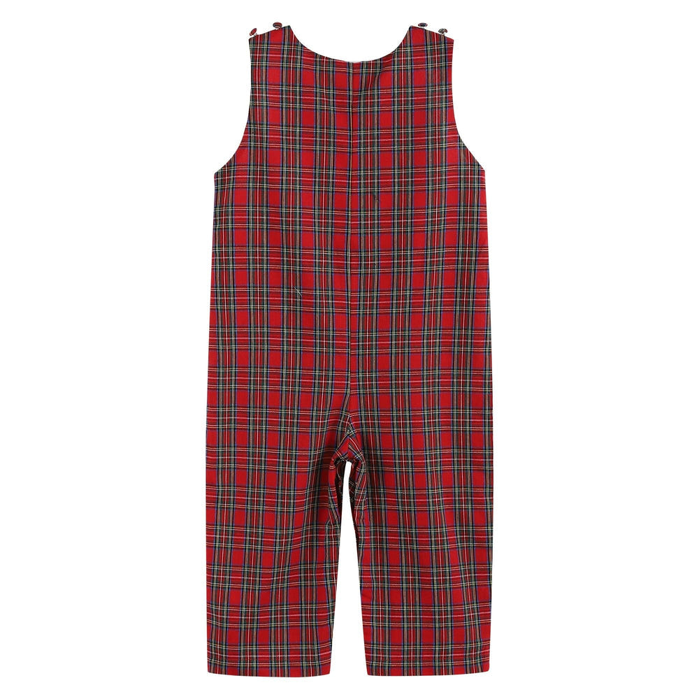 Red Christmas plaid Santa yoke overalls for babies, perfect festive outfit for the holiday season.