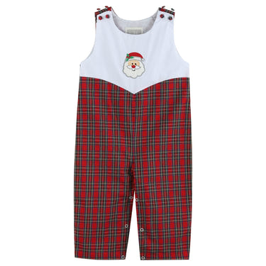 Red Christmas plaid Santa yoke overalls for babies, perfect festive outfit for the holiday season.