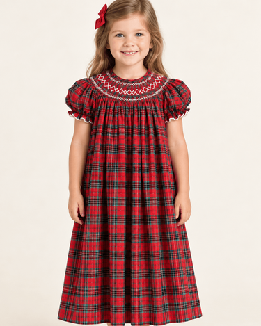 Red Christmas Plaid Smocked Bishop Dress