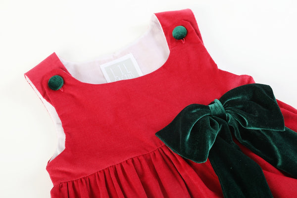 Red Corduroy Christmas Applique Big Bow Dress