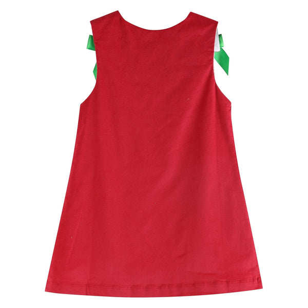 Red Corduroy Christmas Applique Bow Dress