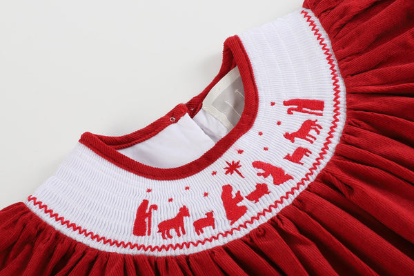 Red Corduroy Christmas Nativity Smocked Bishop Dress