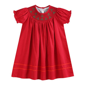 Red Corduroy Mistletoe Smocked Bishop Dress