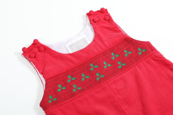 Red Corduroy Mistletoe Smocked Overalls
