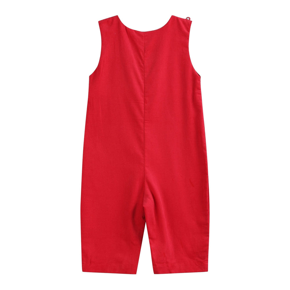 Red corduroy mistletoe smocked overalls for babies, perfect for festive occasions and stylish comfort.
