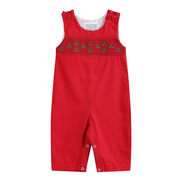 Red corduroy mistletoe smocked overalls for babies, perfect for festive occasions and stylish comfort.