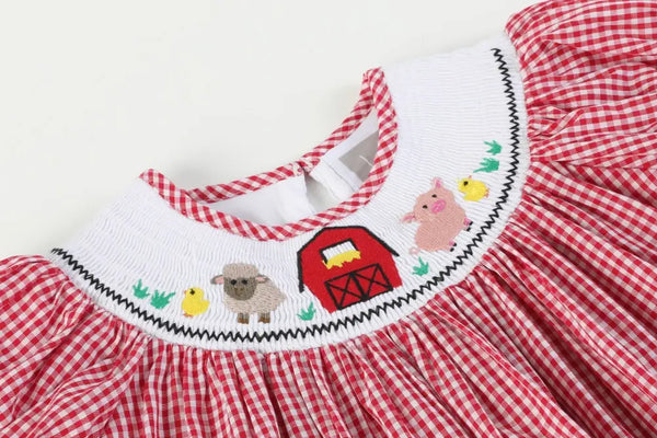 Red Gingham Barn Animals Smocked Bishop Dress Apparel