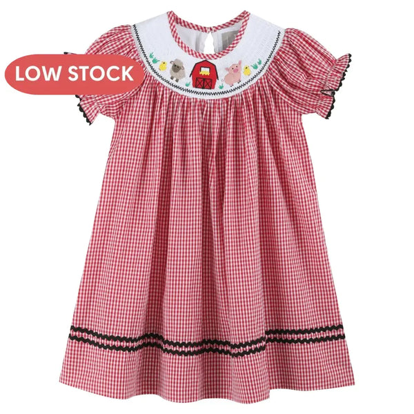 Red Gingham Barn Animals Smocked Bishop Dress Apparel