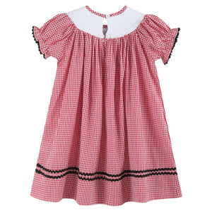 Red Gingham Barn Animals Smocked Bishop Dress