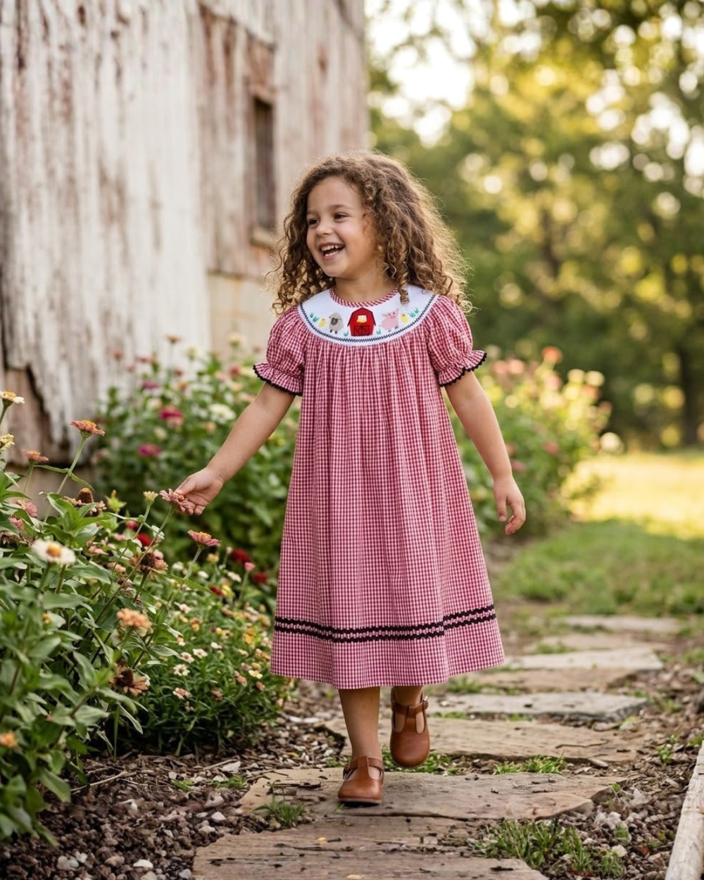 Red Gingham Barn Animals Smocked Bishop Dress - MOOGCO Baby