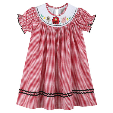 Red Gingham Barn Animals Smocked Bishop Dress - MOOGCO Baby