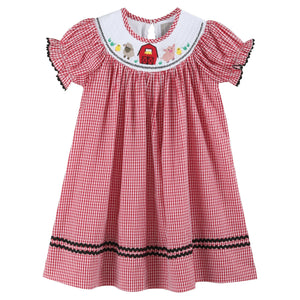 Red Gingham Barn Animals Smocked Bishop Dress