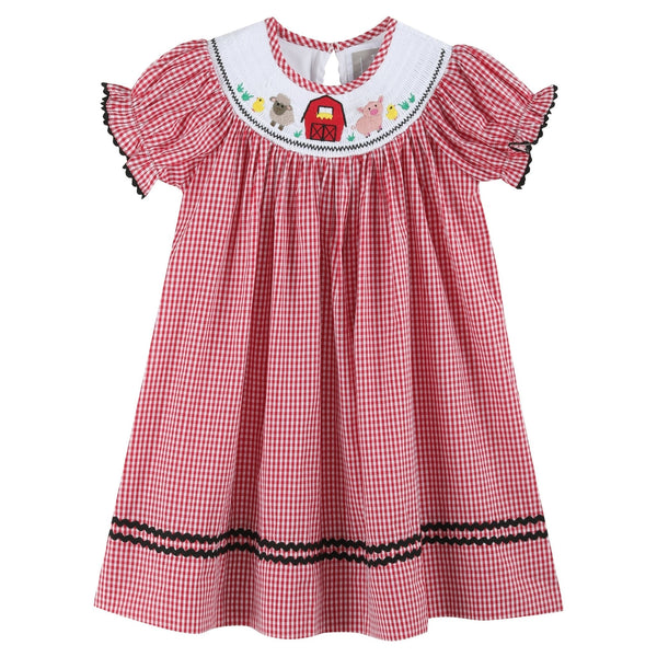 Red Gingham Barn Animals Smocked Bishop Dress