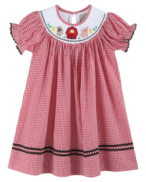 Red Gingham Barn Animals Smocked Bishop Dress