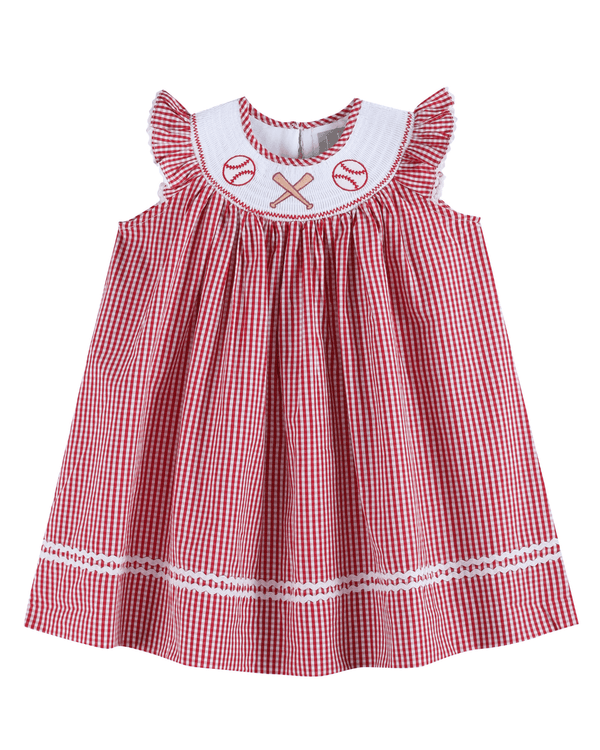 Red Gingham Baseball Smocked Bishop Dress