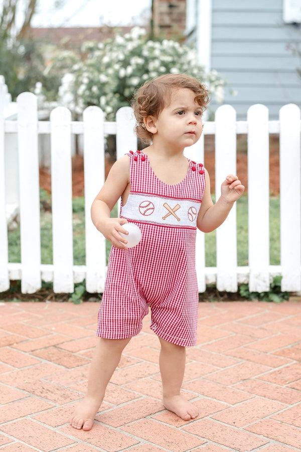 Red Gingham Baseball Smocked Shortalls