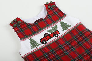 Red Plaid Truck & Tree Smocked Overalls