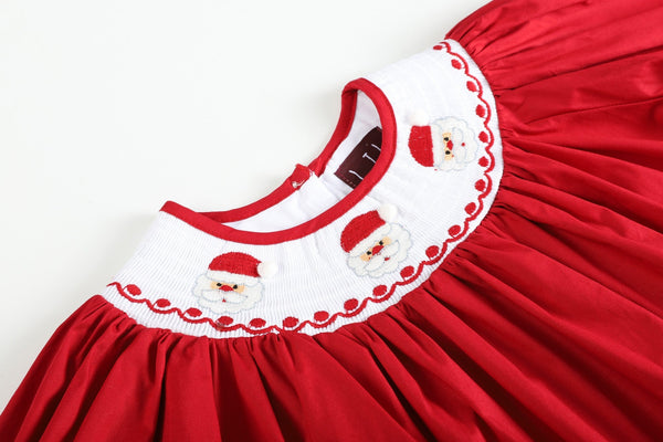 Red Poplin Santa Long Sleeve Smocked Bishop Dress