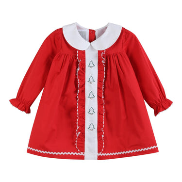 Red ruffle Christmas tree dress for babies, perfect festive outfit for holiday celebrations.