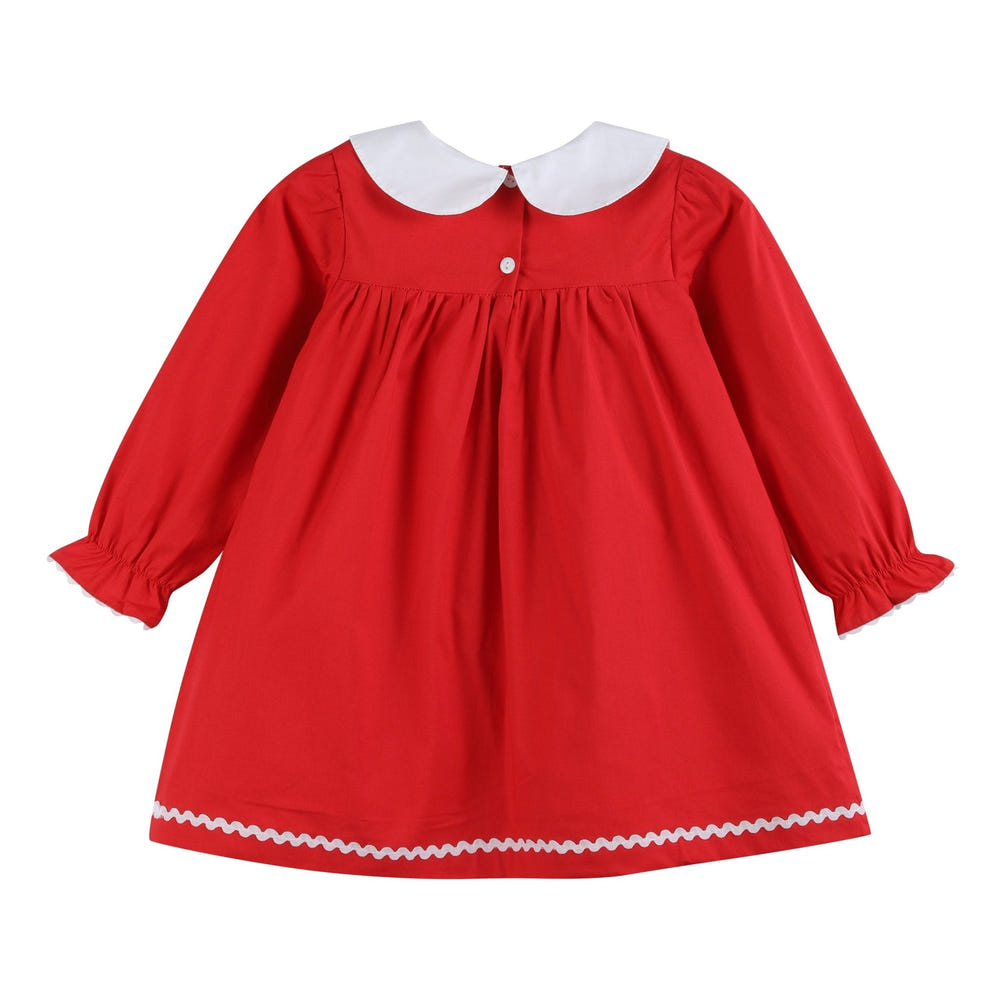 Red ruffle Christmas tree dress for babies, perfect festive outfit for holiday celebrations.