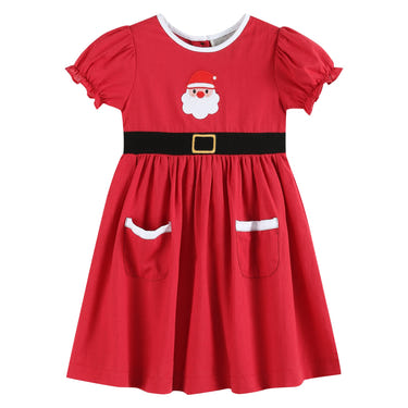 Red Santa dress with black sash for babies, perfect for festive occasions and holiday celebrations.