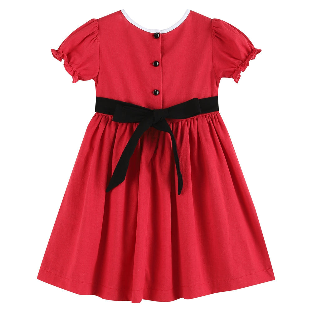 Red Santa dress with black sash for babies, perfect for festive occasions and holiday celebrations.