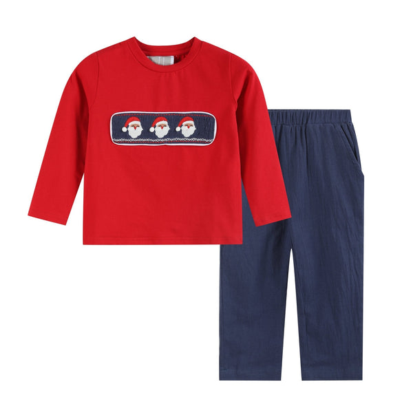 Red Santa Smocked Shirt and Navy Pants Set