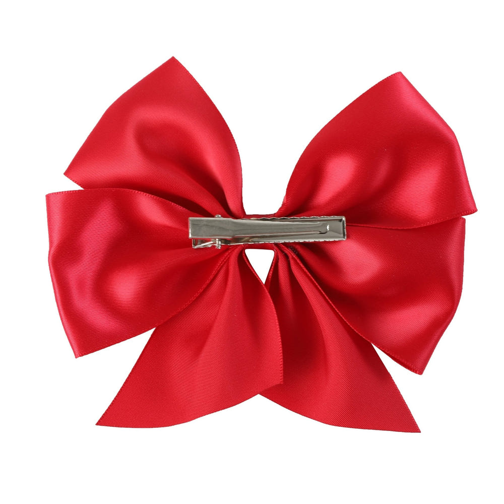 Red satin bow hair clip for babies, a stylish and cute hair accessory for little ones.