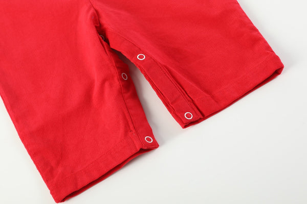 Red Velvet Christmas Smocked Overalls for babies, cozy and festive, perfect for holiday celebrations. Angle 4 view.
