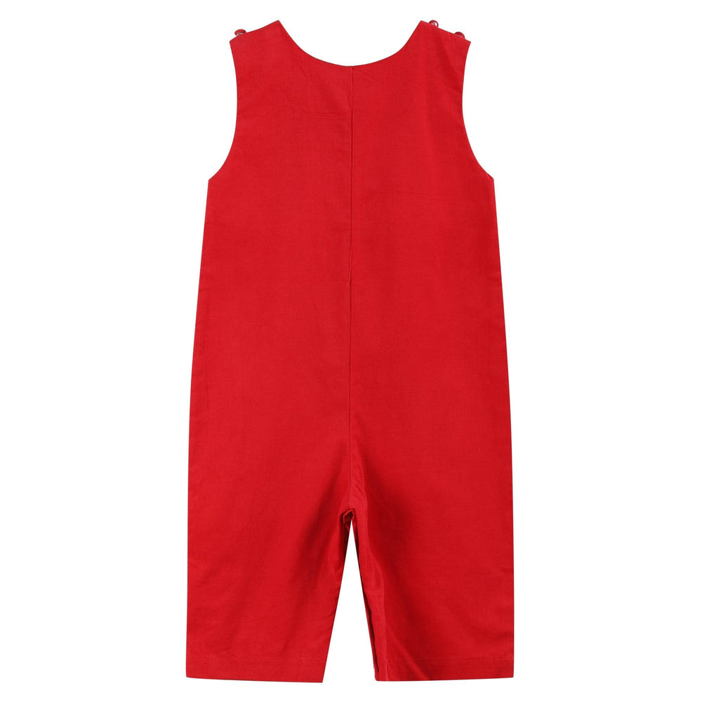 Red Velvet Christmas Smocked Overalls for babies, perfect for festive occasions and cozy holiday celebrations.