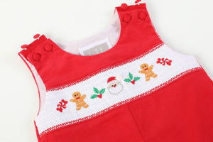 Red Velvet Christmas Smocked Overalls for babies, cozy and festive holiday outfit, angle view 5.