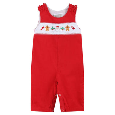 Red Velvet Christmas Smocked Overalls for babies, perfect for festive occasions and cozy holiday celebrations.