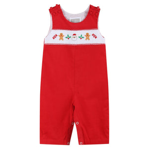 Red Velvet Christmas Smocked Overalls for babies, perfect for festive occasions and cozy holiday celebrations.