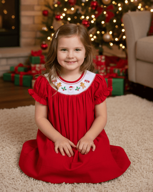 Red Velvet Christmas Smocked Bishop Dress