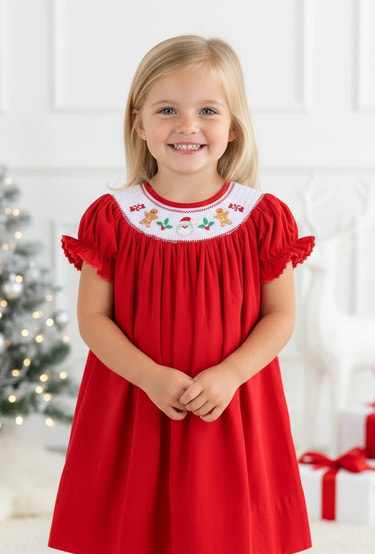 Red Velvet Christmas Smocked Bishop Dress