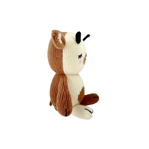Soft plush baby goat toy, perfect comforter and lovey for infants, shown from angle 2.