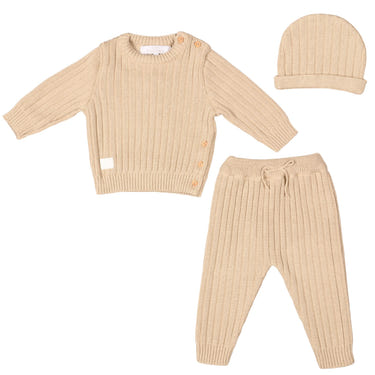 Beige ribbed knit leggings set for babies and toddlers, cozy and stylish outfit for little ones.