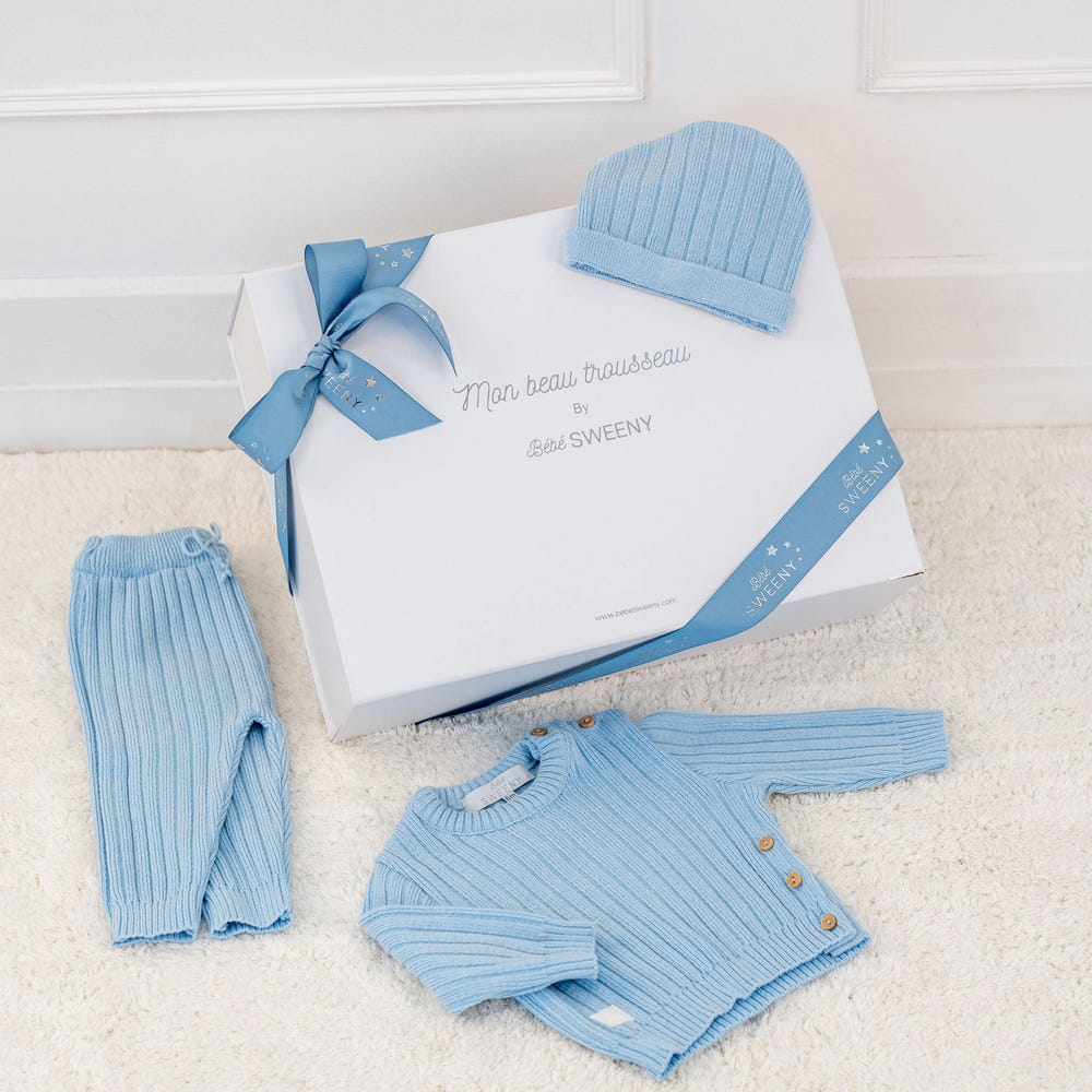 REMY Blue Ribbed Knit Leggings Set for babies and toddlers - stylish and comfortable outfit.