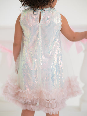 Iridescent Sequin Bow Ruffle Tulle Girls Dress