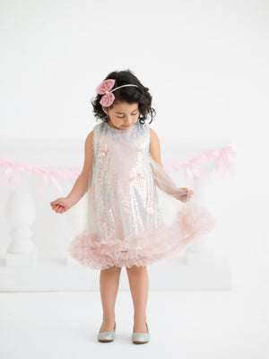 Iridescent Sequin Bow Ruffle Tulle Girls Dress