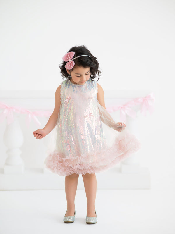 Iridescent Sequin Bow Ruffle Tulle Girls Dress