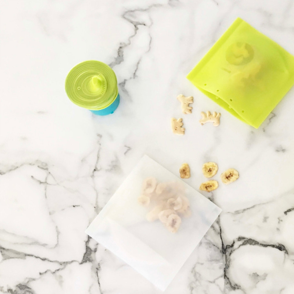 Reusable silicone snack and storage bags, 2-pack, perfect for eco-friendly baby snacks and meal prep.