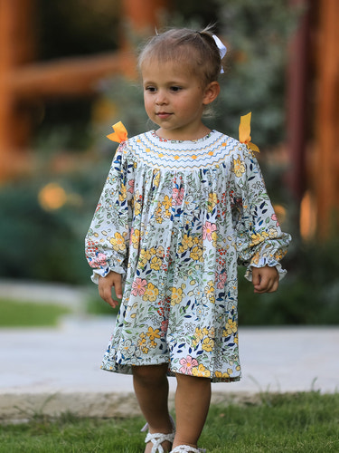 Fall  Embroidery Smocking Bow Floral Leaf Baby Girls Dress for Baby & Toddler
