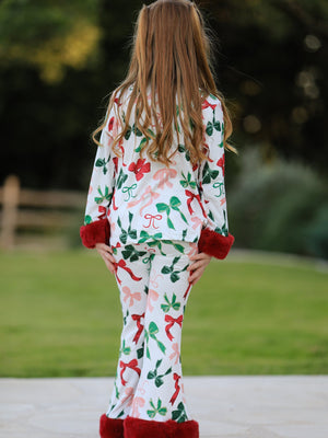 Holiday Bow Print Christmas Pajama Set – Girls Cozy Red Trim Sleepwear